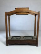 Hall oak stick / umbrella stand with metal drip trays and box with lid, approx 61cm x 23cm x 74cm