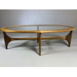 Mid Century teak and glass oval coffee table, approx 130cm x 60cm x 42cm
