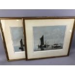 Pair of framed mezzotint engravings by A Galain, 'Boats at Low Water' and 'Ships in a Calm', both