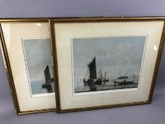 Pair of framed mezzotint engravings by A Galain, 'Boats at Low Water' and 'Ships in a Calm', both