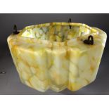 Art Deco yellow and white glass pendant light shade of hexagonal form, approx 30cm in diameter