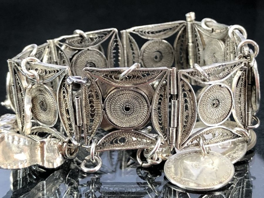 Collection of four silver and silver coloured metal bracelets some with silver coins and charms - Image 3 of 6