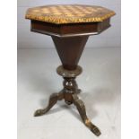 Inlaid chequer/chess board work / sewing table with internal compartments and key, on single support