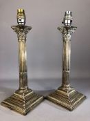 Pair of silver Victorian Corinthian column lamp bases with beaded rims, reeded columns and stepped