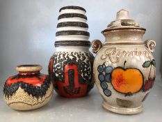 Three pieces of West German art pottery by Scheurich to include rib necked lava vase marked 269-