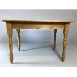 Small pine kitchen table on turned legs, approx 116cm x 74cm x 76cm tall