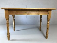 Small pine kitchen table on turned legs, approx 116cm x 74cm x 76cm tall