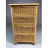 Small pine chest of four wicker drawers