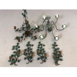 Two metal ornate chandeliers, one a six branch and the other a five branch with wall sconces