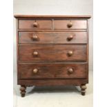 Stained antique pine chest of five drawers with bun handles on turned feet