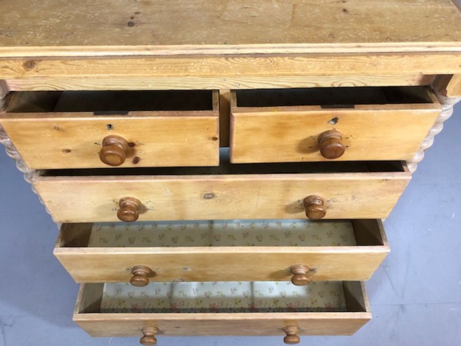 Pine chest of five drawers with turned columns to side on bun feet, approx 57cm x 115cm x 112cm - Image 3 of 5