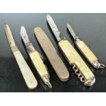 Collection of Pen Knives and fruit knives some hallmarked silver five in total