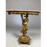Marble style top, gilt based console table, approx 82cm x 27cm x 76cm tall