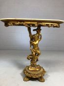 Marble style top, gilt based console table, approx 82cm x 27cm x 76cm tall