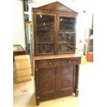 Mahogany bureau bookcase with cupboard under, drawer opening to leather writing desk and internal
