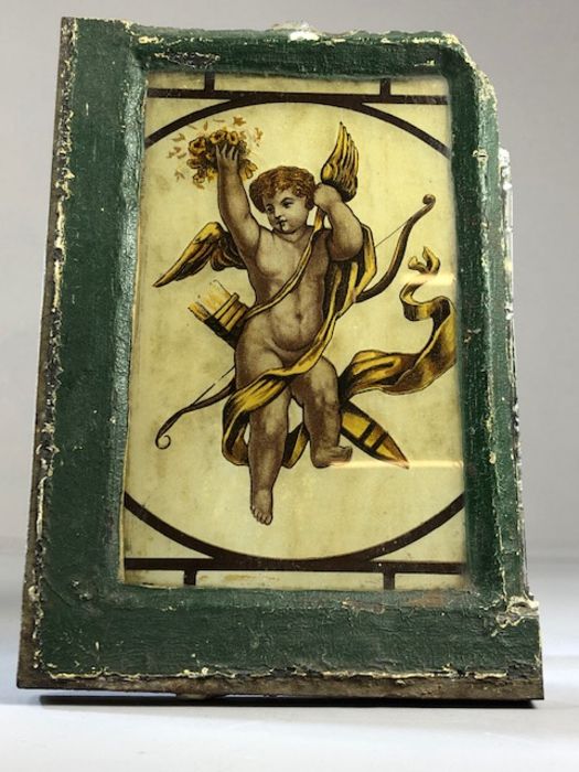 Section of a metal window containing a stained glass panel depicting a winged Cherub, approx 26cm - Image 3 of 11