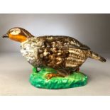 Staffordshire pottery early Quail egg holder on naturalistic base and lidded - holds two quail eggs,
