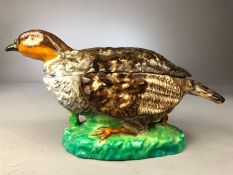 Staffordshire pottery early Quail egg holder on naturalistic base and lidded - holds two quail eggs,