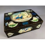 Early hand painted box with panels depiting a Crown, birds and animals to the center a slightly