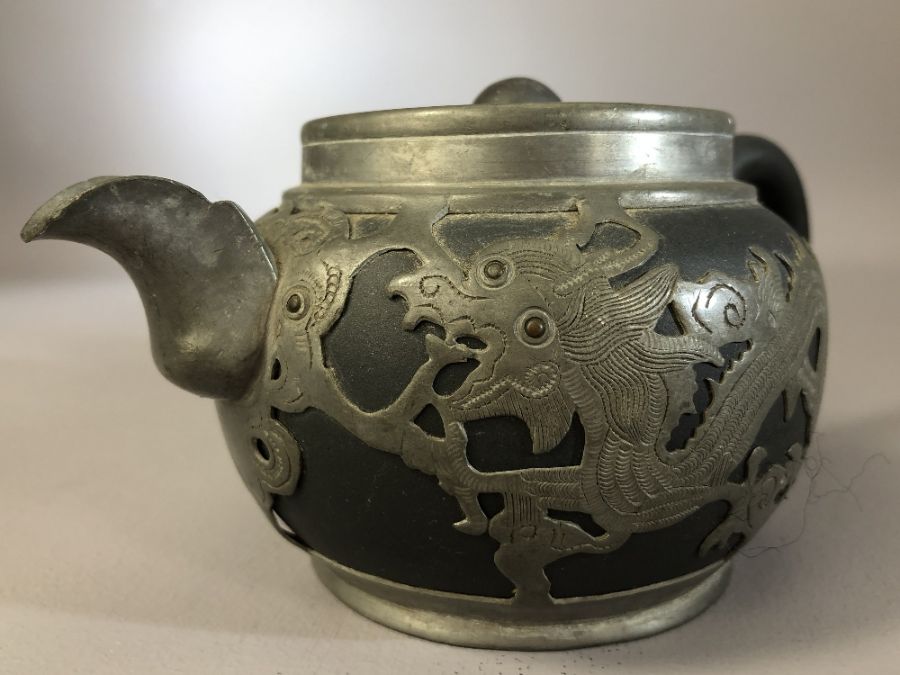 Chinese pewter and pottery part tea set by Hsin Ho Cheng, tallest approx 10.5cm (one teapot handle - Image 6 of 8