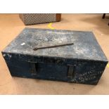 Blue large metal travel trunk marked for Port Elizabeth South Africa 82 x 55 x 30cm tall