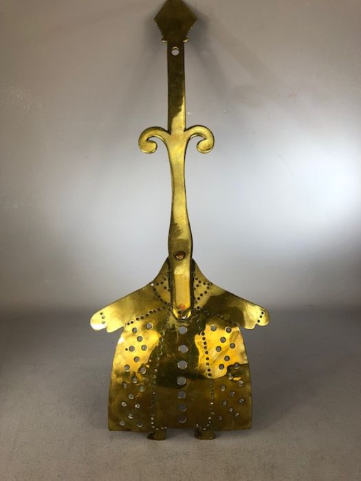 Brass figural Cream Skimmer with a Bishops hat handle approx 59cm long - Image 4 of 4