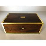 Brass bound box with unmarked Polished brass Cartouche, brass shield shaped Lock. approx 28 x 17 x