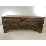 Small carved oak coffer, engraved to front 1661, approx 93cm x 31cm x 39cm tall (A/F)