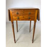 Victorian drop leaf side table on tapering turned legs, two drawers and two faux drawers, approx