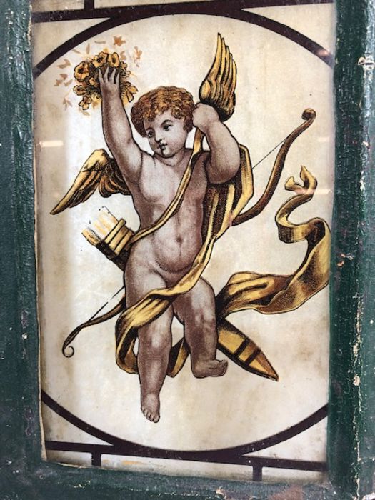 Section of a metal window containing a stained glass panel depicting a winged Cherub, approx 26cm - Image 6 of 11