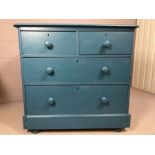 Pine Chest of four drawers painted Blue on Bun feet