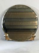 Art Deco circular bevel edged mirror in carved wooden frame, approx 60cm in diameter