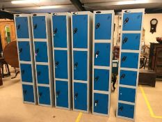 Set of six metal locker cabinets with 24 lockers in total, in varying sizes. Each approx 30.5cm wide