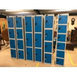 Set of six metal locker cabinets with 24 lockers in total, in varying sizes. Each approx 30.5cm wide