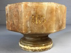 Marble Hexagonal font on circular stepped base engraved 'Ihs' approx 17cm across and 13cm tall