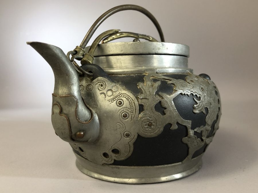 Chinese pewter and pottery part tea set by Hsin Ho Cheng, tallest approx 10.5cm (one teapot handle - Image 3 of 8