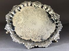 Victorian Antique hallmarked Silver Tray with Rampant Lion engraved to centre on three feet London