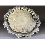 Victorian Antique hallmarked Silver Tray with Rampant Lion engraved to centre on three feet London