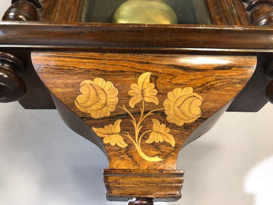 8 day spring-driven American wall clock by Waterbury Clock Co, English walnut case with floral inlay - Image 3 of 7