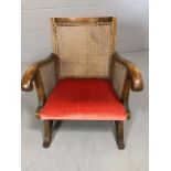 Small childs Oak frame and rattan chair with red velvet seat