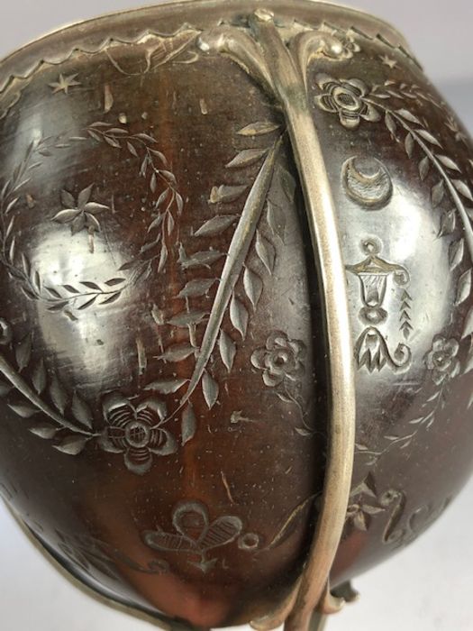 Scrimshaw Silver mounted coconut with silver Lining and lid on tripod Ostrich feet and dated 1815 - Image 6 of 13