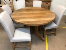 Modern circular oak dining table with four high backed upholstered dining chairs, table approx 138cm