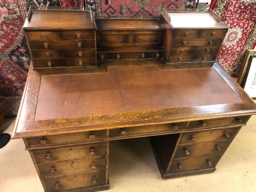 Leather-topped twin pedestal Victorian writing desk with upstand containing numerous smaller drawers - Image 3 of 5