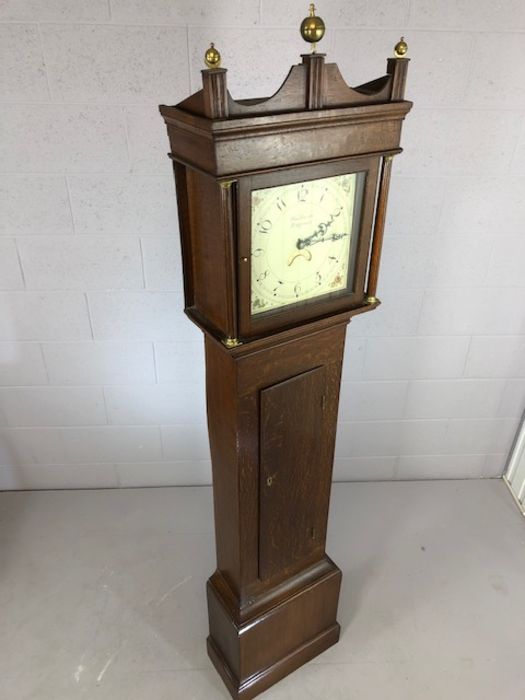 Oak longcase clock by Thomas Smith of Ridgewell, circa 1870, with birdcage type movement, rope- - Image 8 of 9