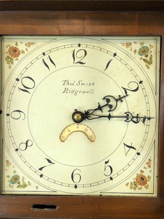 Oak longcase clock by Thomas Smith of Ridgewell, circa 1870, with birdcage type movement, rope- - Image 6 of 9