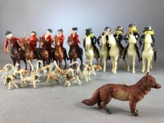 Vintage toys: Collection of hunting figures to include 10 horses with riders, one fox and 12 pipe-