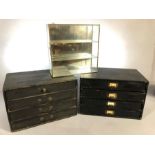 Two sets of vintage specimen / file drawers, each with four drawers and mostly original handles,