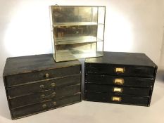 Two sets of vintage specimen / file drawers, each with four drawers and mostly original handles,