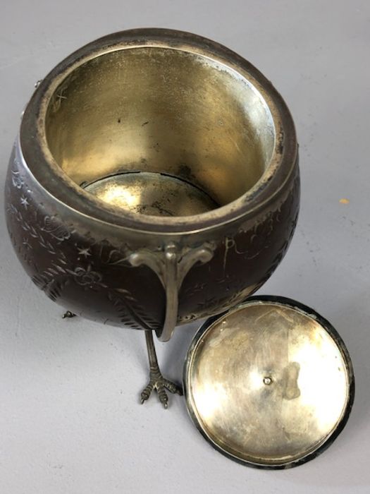 Scrimshaw Silver mounted coconut with silver Lining and lid on tripod Ostrich feet and dated 1815 - Image 11 of 13