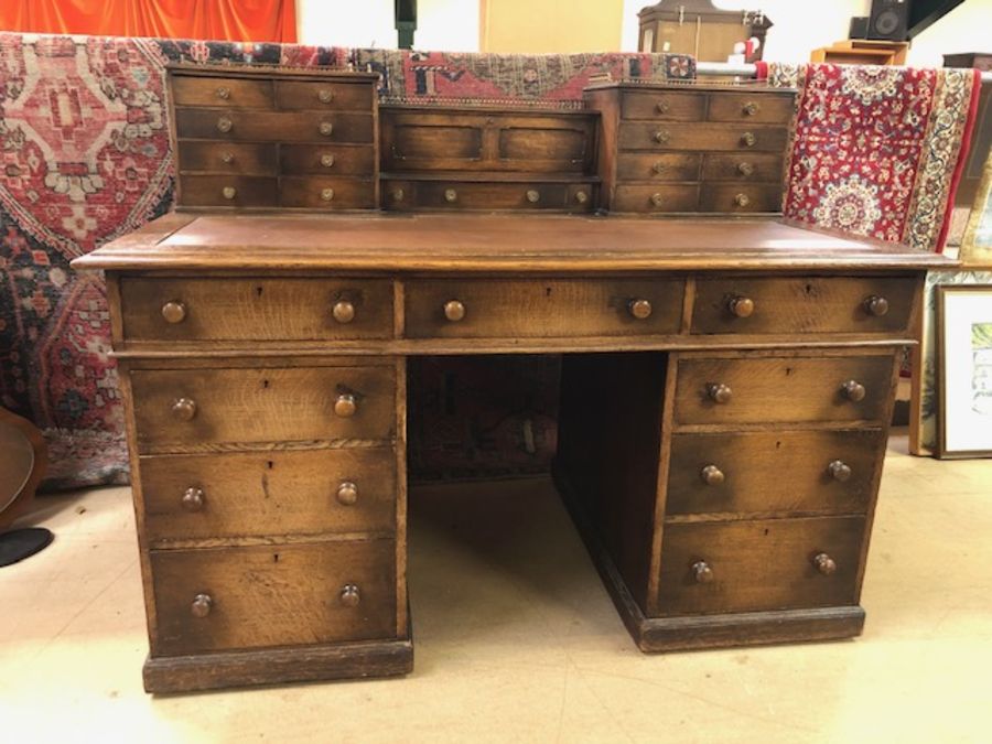 Leather-topped twin pedestal Victorian writing desk with upstand containing numerous smaller drawers - Image 2 of 5
